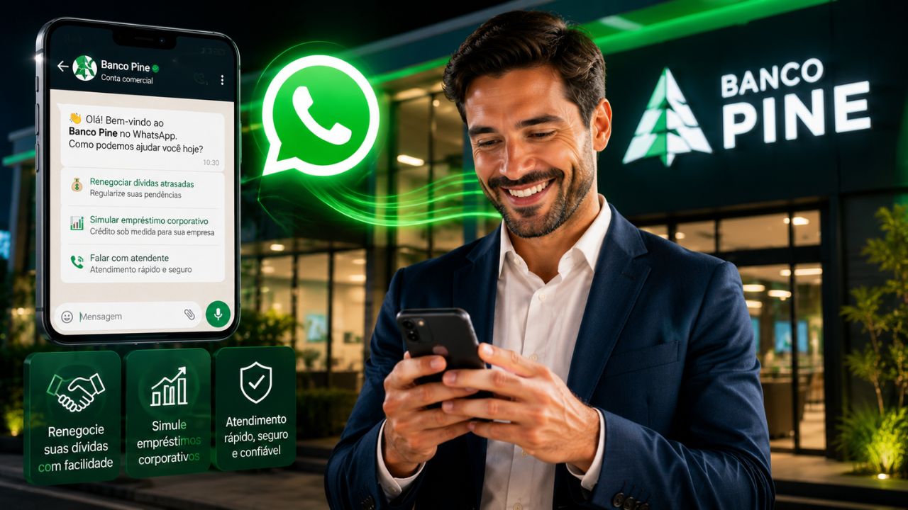Acione agora o Banco Pine WhatsApp para renegociar suas dívidas atrasadas ou simular empréstimos corporativos com rapidez