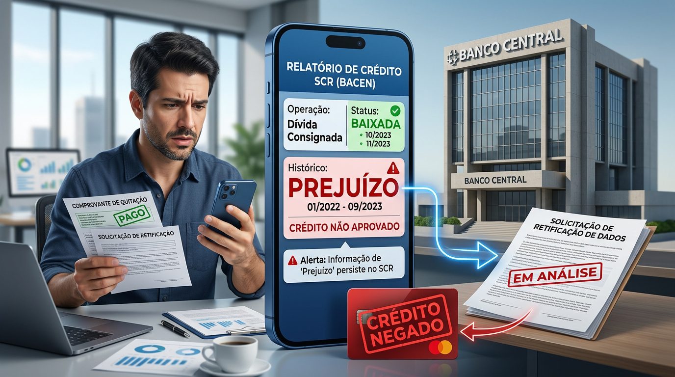 Relatório do SCR apontando prejuízo bancário baixado mas que impede empréstimo: Como solicitar a retificação no Bacen